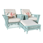 1950’s Ficks Reed Lacquered Presidents Stick Rattan Lounge Chair Pair, Ottoman & Side Table – Custom Upholstered