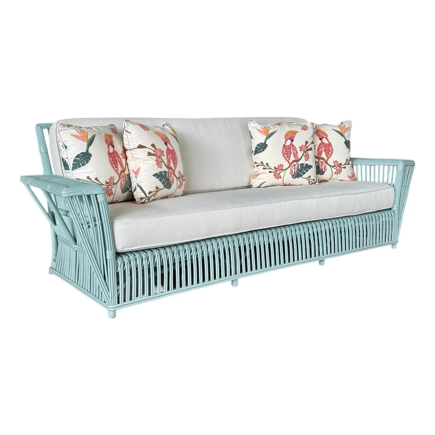 1950s-ficks-reed-lacquered-stick-rattan-presidents-sofa-custom-upholstered-7 1950’s Ficks Reed Lacquered Stick Rattan “President’s Sofa” — Custom Upholstered - Image 1