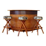 1950’s Restored Stacked Rattan Dry Bar With Three Custom Upholstered Stools