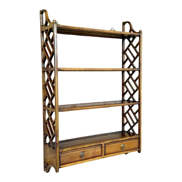 Chinese Chippendale Style Wall Shelf With Open Fretwork and Drawers