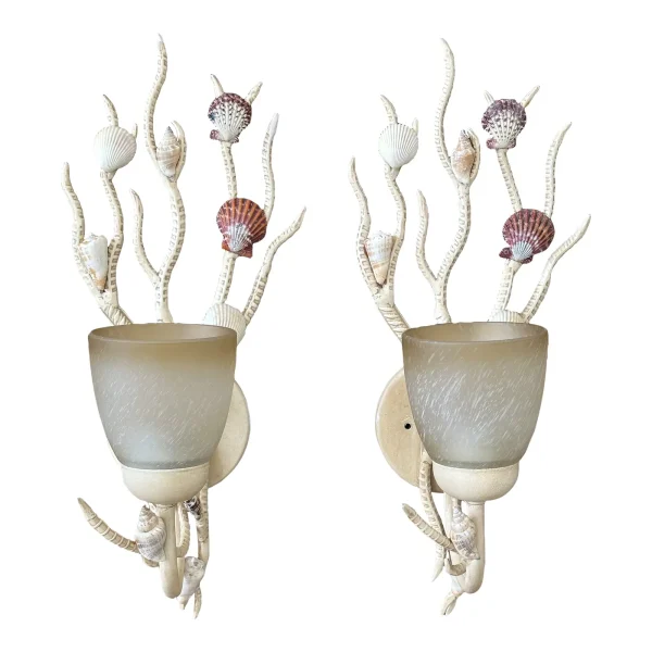 Coastal Metal Coral Sea Shell Wall Hardwired Wall Light Sconces-Pair