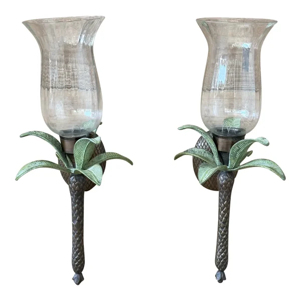 Coastal Metal Glass Globe Palm Leaf Wall Mount Candle Holder Sconces-Pair