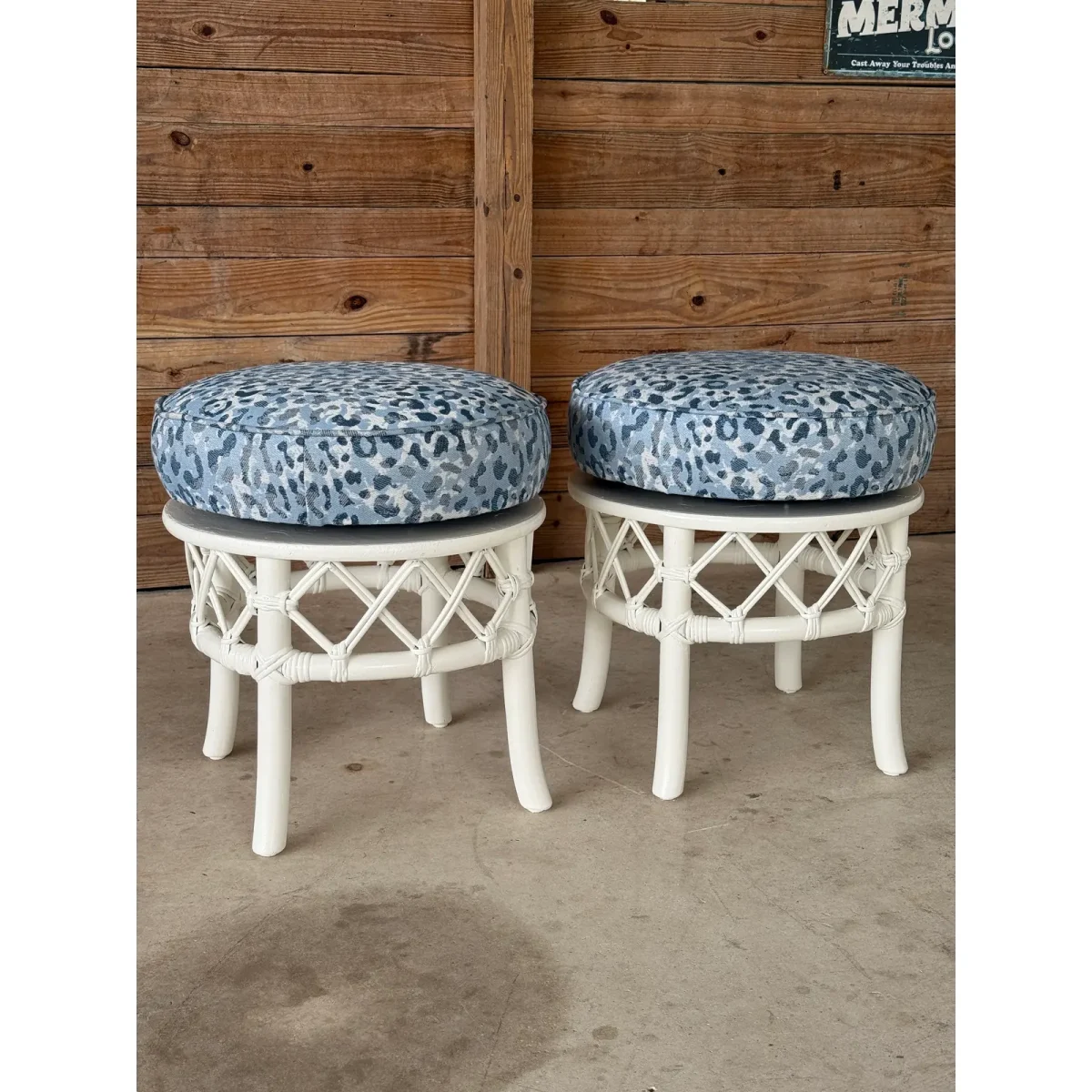 Coastal Mid-20th Century Ficks Reed Swivel Ottomans With Sunbrella ...