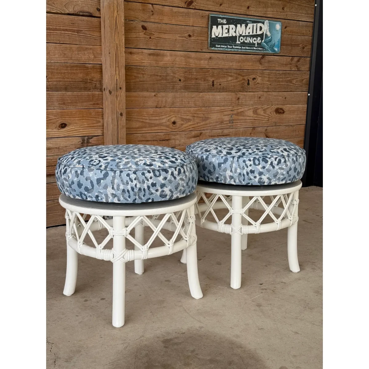 Coastal Mid-20th Century Ficks Reed Swivel Ottomans With Sunbrella ...
