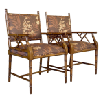 Coastal Regency Faux Bamboo Armchairs With Tropical Upholstery-Pair