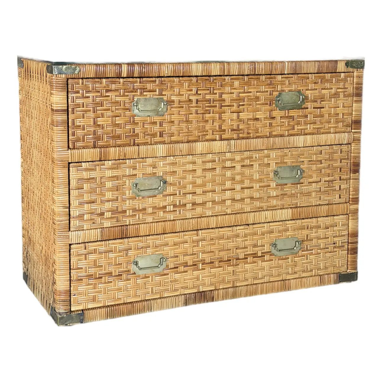 Late 20th Century Refinished Rattan Wrapped Campaign Chest Manner of Bielecky Brothers | Brittany's Bamboo Barn Late 20th Century Refinished Rattan Wrapped Campaign Chest Manner of Bielecky Brothers | Brittany's Bamboo Barn