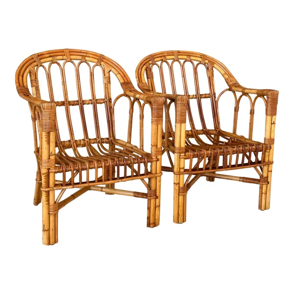 Mid-20th Century Coastal Organic Modern Refinished Rattan Side Arm Chairs Manner of Franco Albini