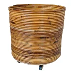 Mid-20th Century Organic Modern Pencil Rattan Rolling Planter or Wastebasket