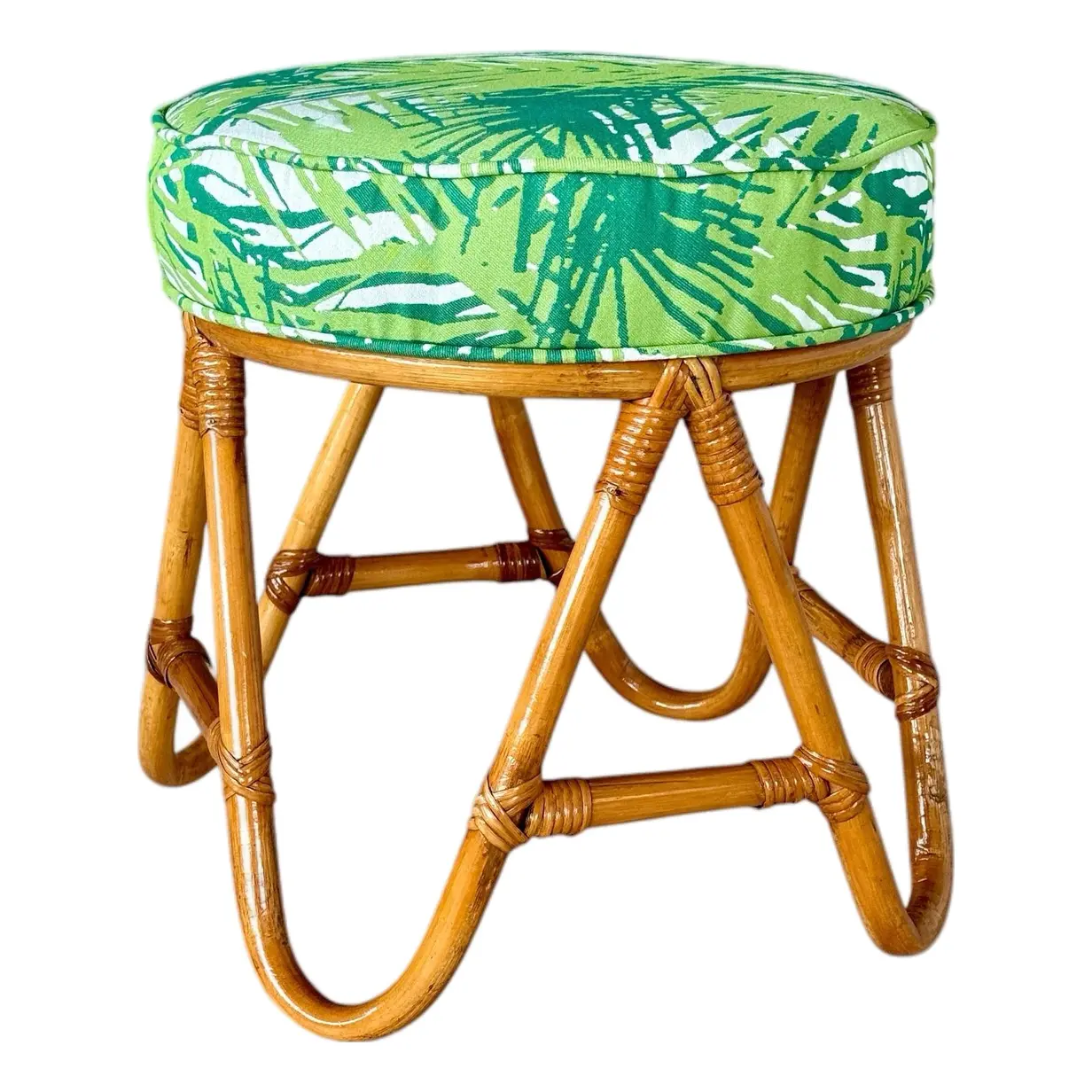 mid-20th-century-refinished-bent-rattan-ottoman-or-footstool-with-custom-palm-leaf-up (10) Mid-20th Century Refinished Bent Rattan Ottoman or Footstool With Custom Palm Leaf Upholstery - Image 1