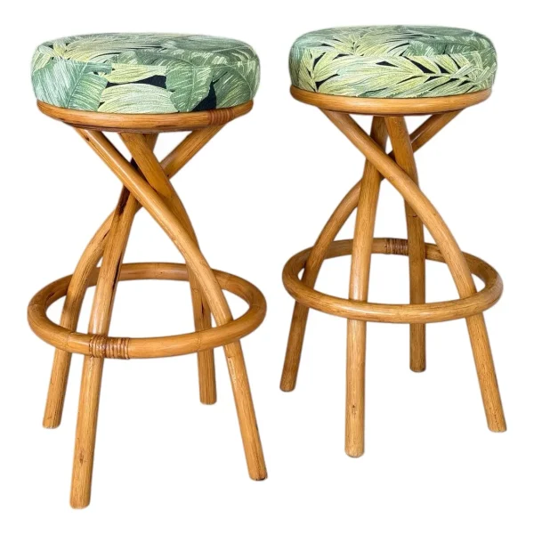 Mid-20th Century Swivel Twist Rattan Barstools in the Manner of Paul Frankl — Pair
