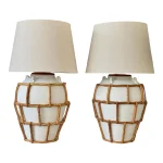 Monumental Boho Coastal Regency Plaster Lamps With Hand-Wrapped Rattan Cage & Linen Shades