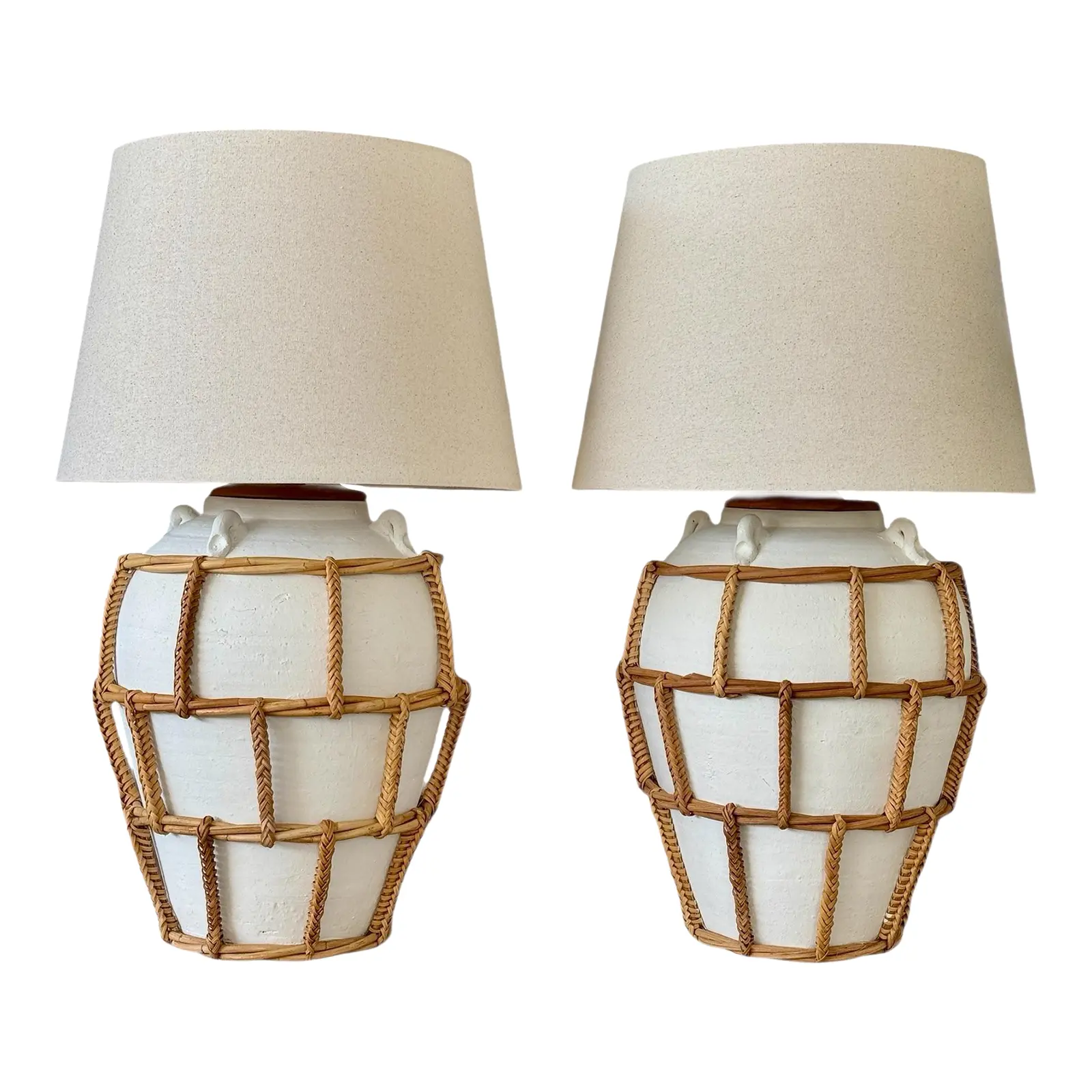 monumental-boho-coastal-regency-plaster-lamps-with-hand-wrapped-rattan-cage-and-linen-shades-5365 Monumental Boho Coastal Regency Plaster Lamps With Hand-Wrapped Rattan Cage & Linen Shades - Image 1