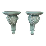 Pair of Carved Acanthus Wall Bracket Shelves / Corbels in Distressed Green Finish