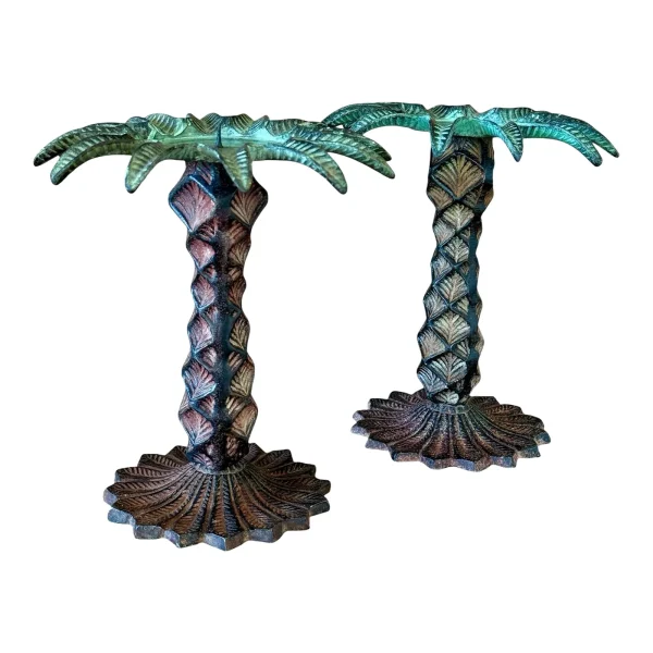Pair of Vintage Cast Iron Palm Tree Candlestick Holders With Verdigris Patina