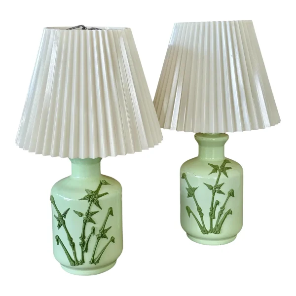 Pair of Vintage Mint Green Table Lamps With Raised Bamboo Motif and Original Pleated Shades