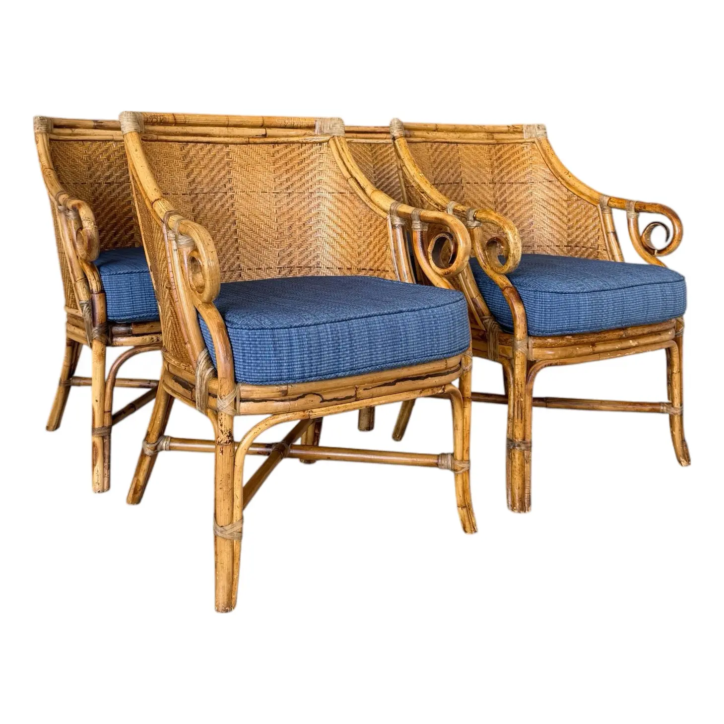 set-of-four-vintage-rustic-rattan-dining-armchairs-by-henry-link-with-original-cushions-6507 Set of Four Vintage Rustic Rattan Dining Armchairs by Henry Link With Original Cushions - Image 1