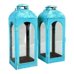Vintage Coastal Monumental Cast Iron Lanterns With Distressed Turquoise Finish — Pair