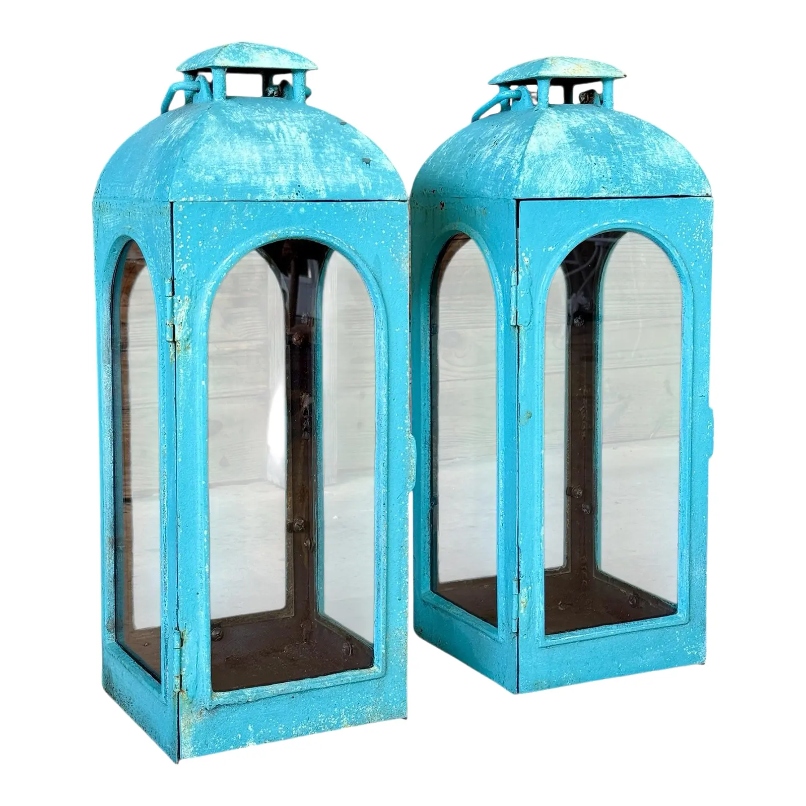 thing Vintage Coastal Monumental Cast Iron Lanterns With Distressed Turquoise Finish — Pair - Image 1