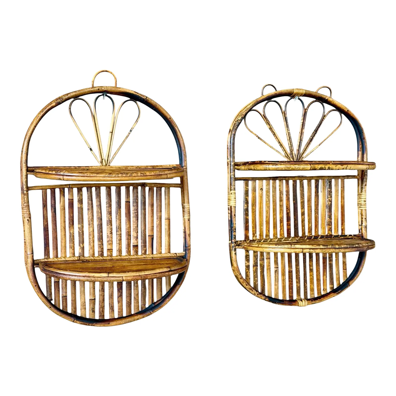 vintage-boho-coastal-burnt-bamboo-two-tiered-sculptural-wall-shelves-8183 Vintage Boho Coastal Burnt Bamboo Two Tiered Sculptural Wall Shelves - Image 1