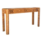 Vintage Boho Rattan Wrapped Console With Woven Apron & Glass Top