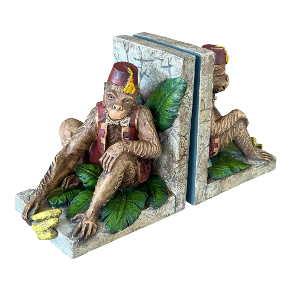 Vintage Cast Resin Monkey Bookends With Bananas and Fez Hats – Pair