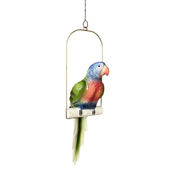 Vintage Ceramic Glazed Parrot on Brass Perch With Hanging Chain