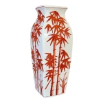 Vintage Chinoiserie Porcelain Bamboo Vase in Rust Red
