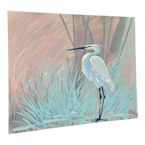 Vintage Coastal Monumental Egret Mangrove Oil Painting by Lee Reynolds