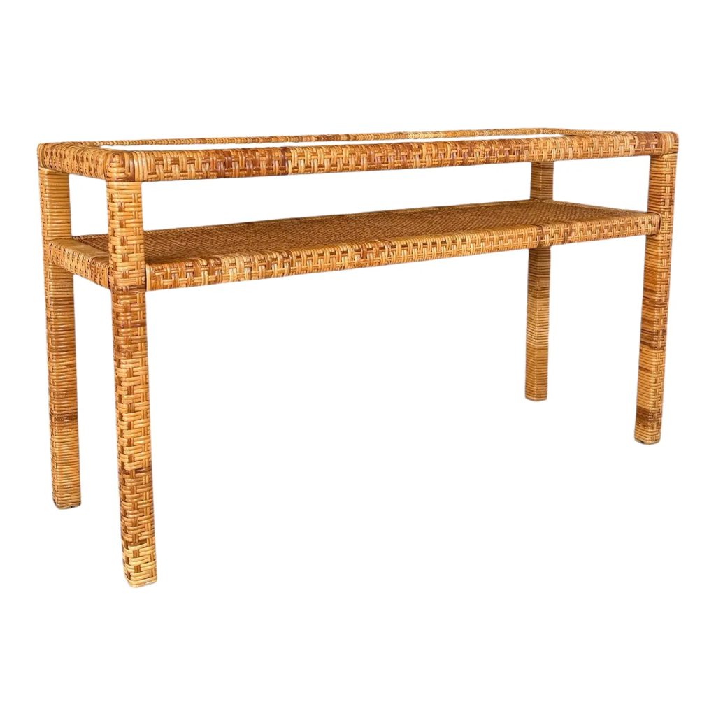 Vintage Coastal Organic Modern Rattan Wrap Console With Cane Insert ...