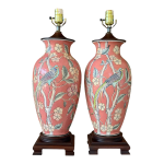 Vintage Rose Chinoiserie Hand-Painted Porcelain Bird & Floral Lamps-Pair